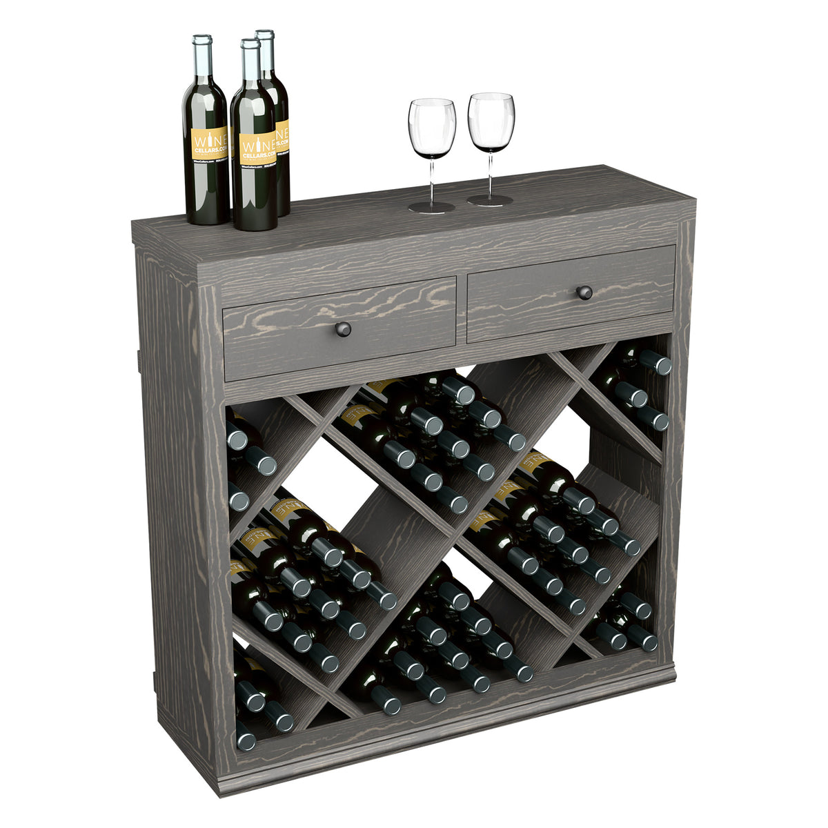 Grey half-height wine cabinet with two drawers and crisscross diamond bottle racks