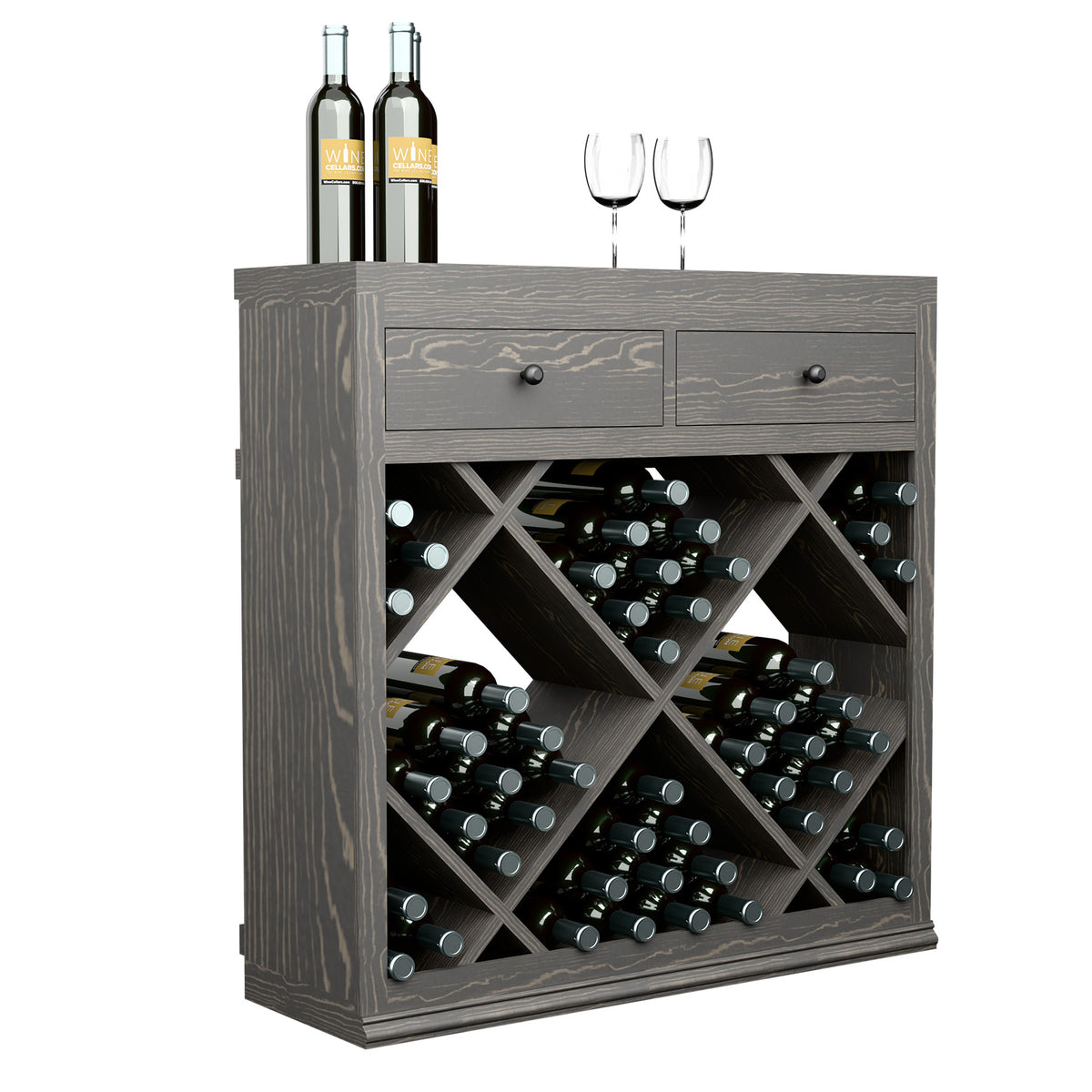 Grey wine cabinet side view with two drawers and X-pattern diamond bottle storage