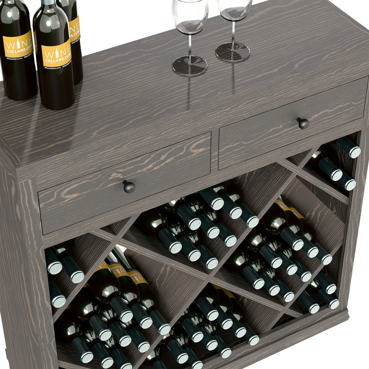 Grey wine cabinet close-up showing drawers and crisscross diamond bottle slots