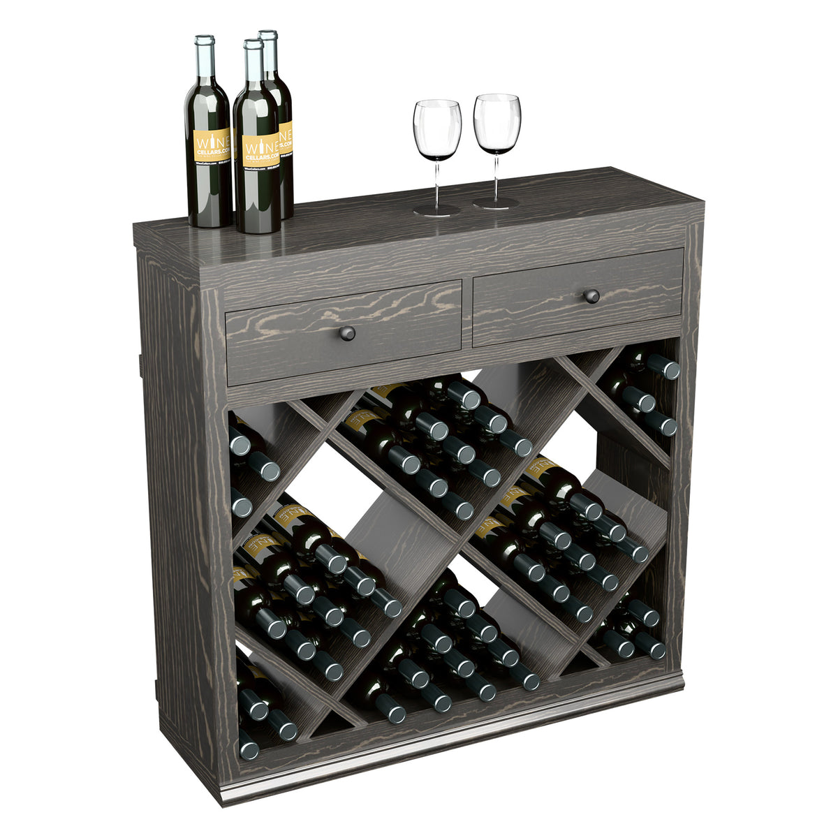 Grey half-height wine cabinet with two drawers and diamond bottle racks, front