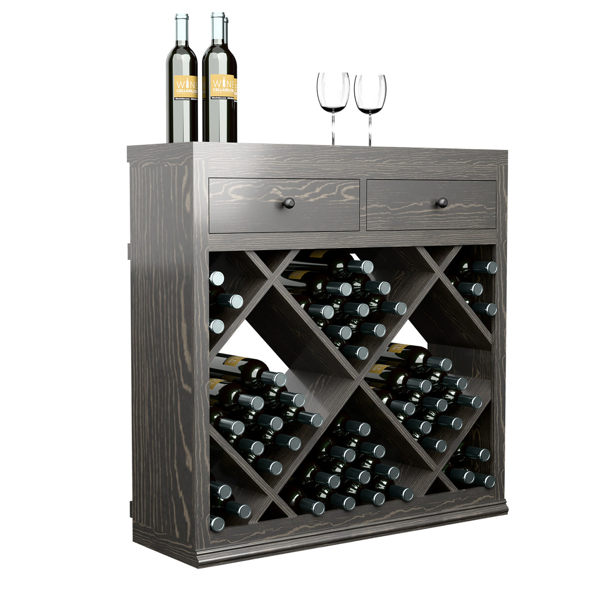 Grey half-height wine storage cabinet with two drawers and diagonal diamond bottle racks