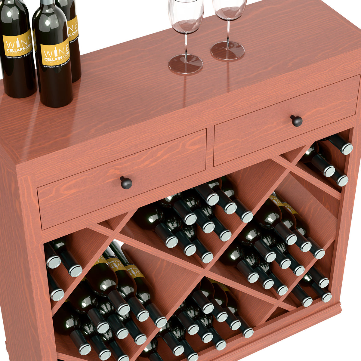 Red wine cabinet close-up showing drawers and diamond bottle slots