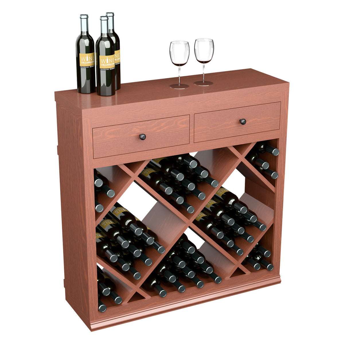 Red half-height wine storage cabinet with two drawers and diamond bottle racks