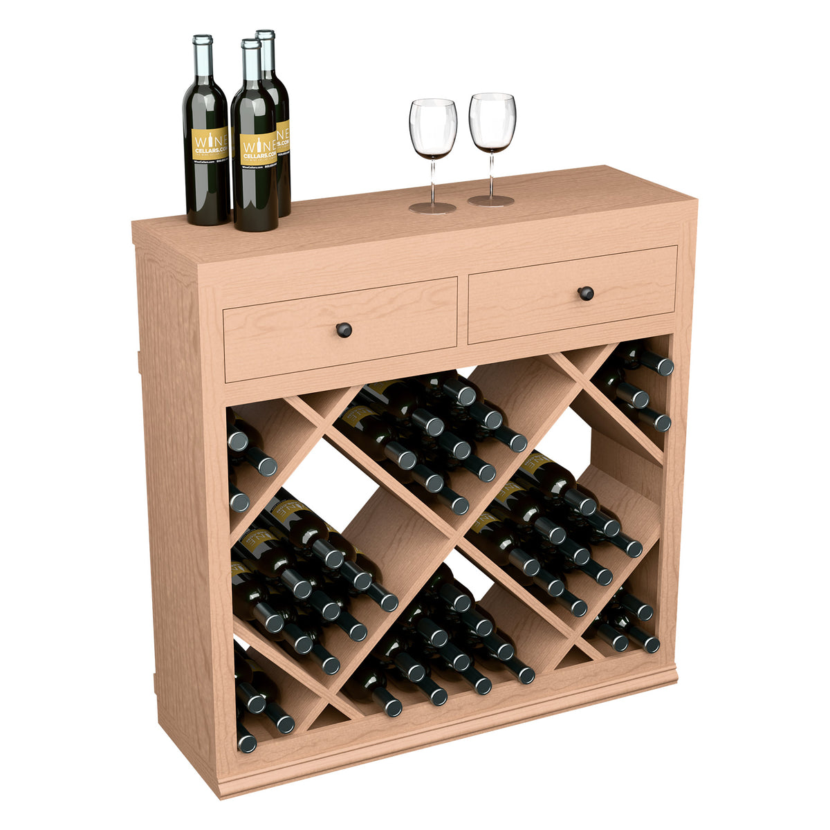Light wood half-height wine cabinet with two drawers and diamond bottle rack