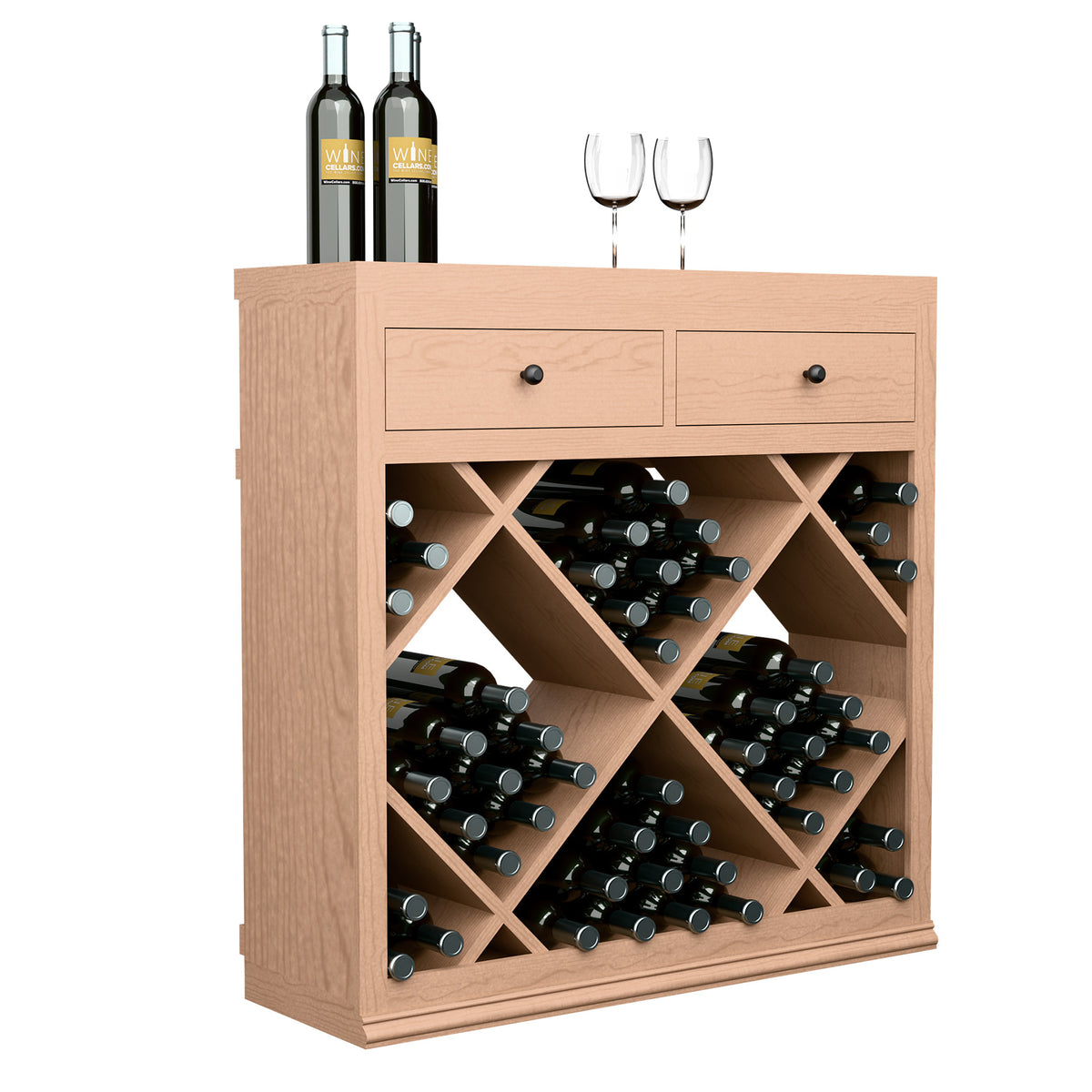 Light wood wine cabinet with two drawers and diamond lattice bottle compartments