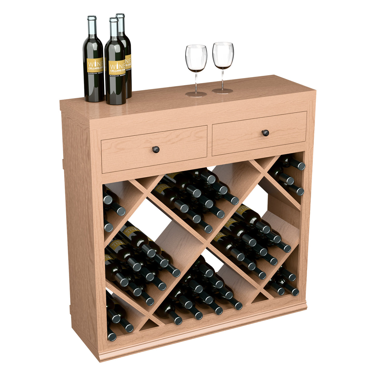 Light wood wine cabinet with two top drawers and diamond-pattern bottle rack