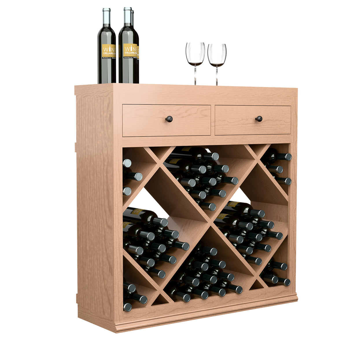 Light wood half-height wine cabinet with two drawers and diamond bottle slots