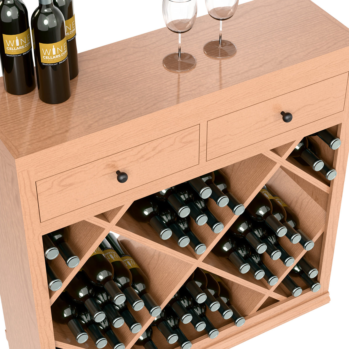 Light wood drawer and diamond wine rack with bottles in crisscross cubbies