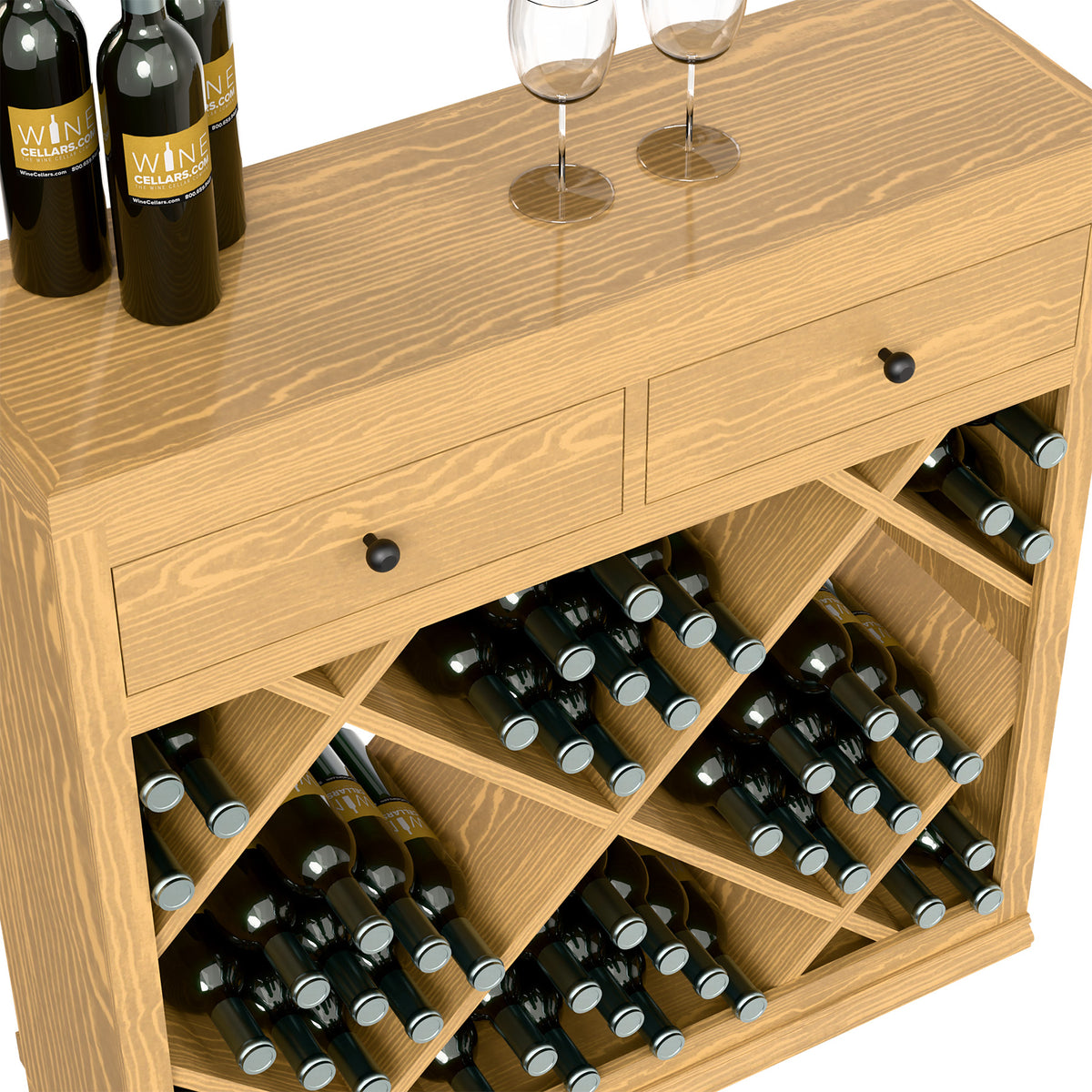 Light wood wine storage cabinet with two drawers and crisscross bottle racks