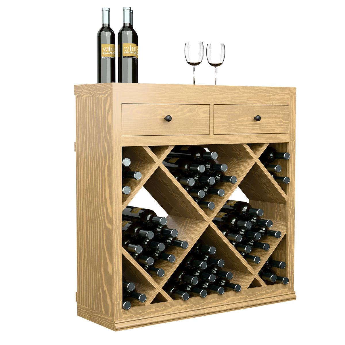 Light wood wine cabinet with two drawers and open crisscross bottle racks