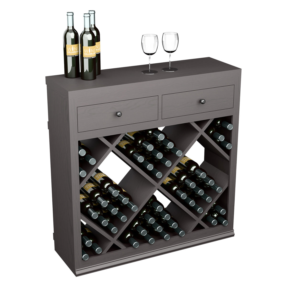 Dark gray wine cabinet with two drawers and crisscross bottle rack storage