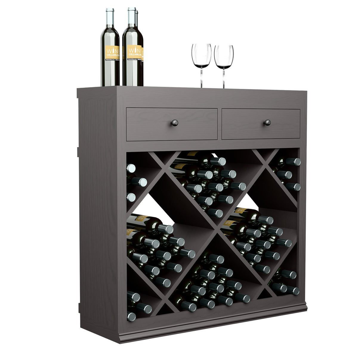 Dark gray half-height wine cabinet with two drawers and open crisscross bottle racks