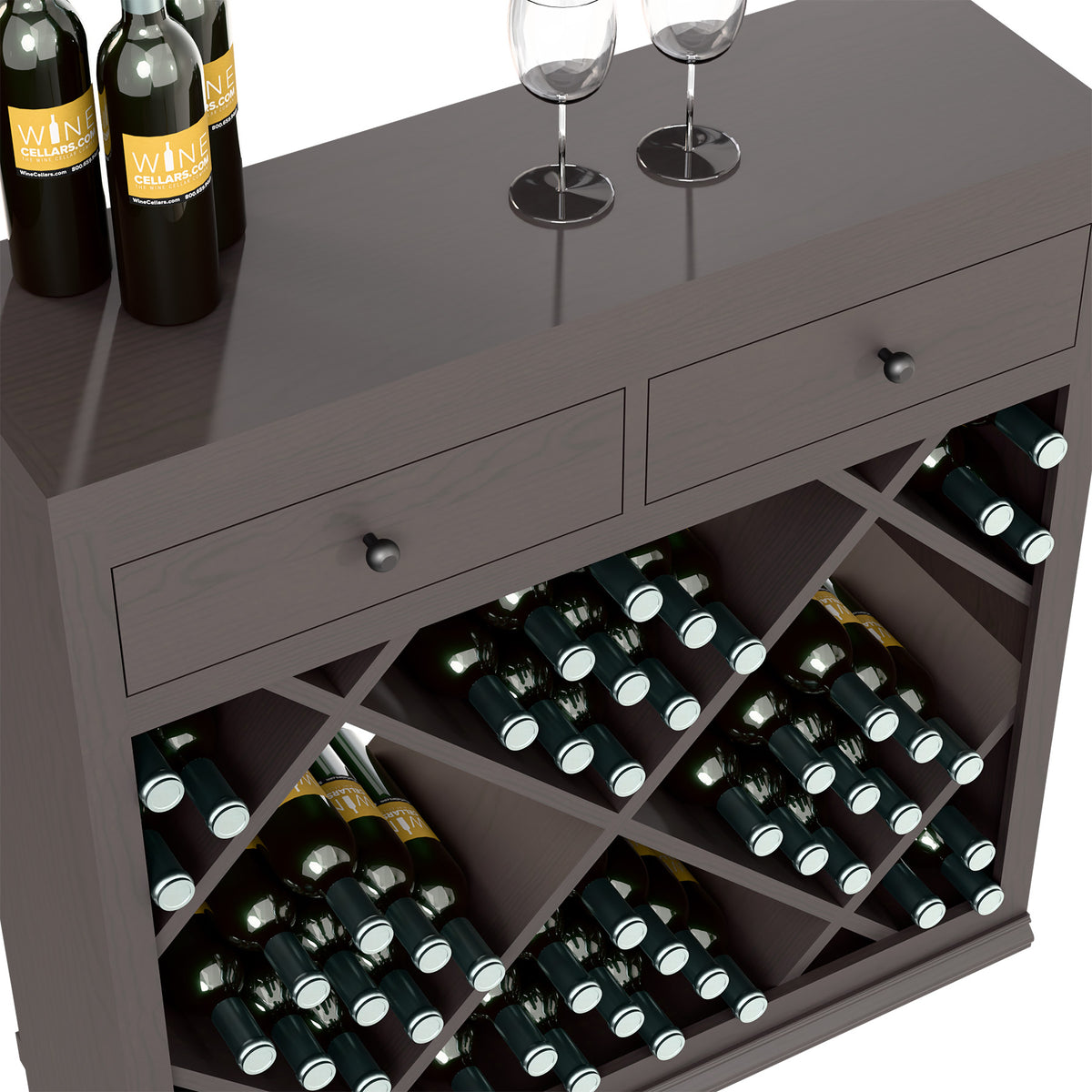 Dark gray wine cabinet with two drawers and crisscross bottle slots