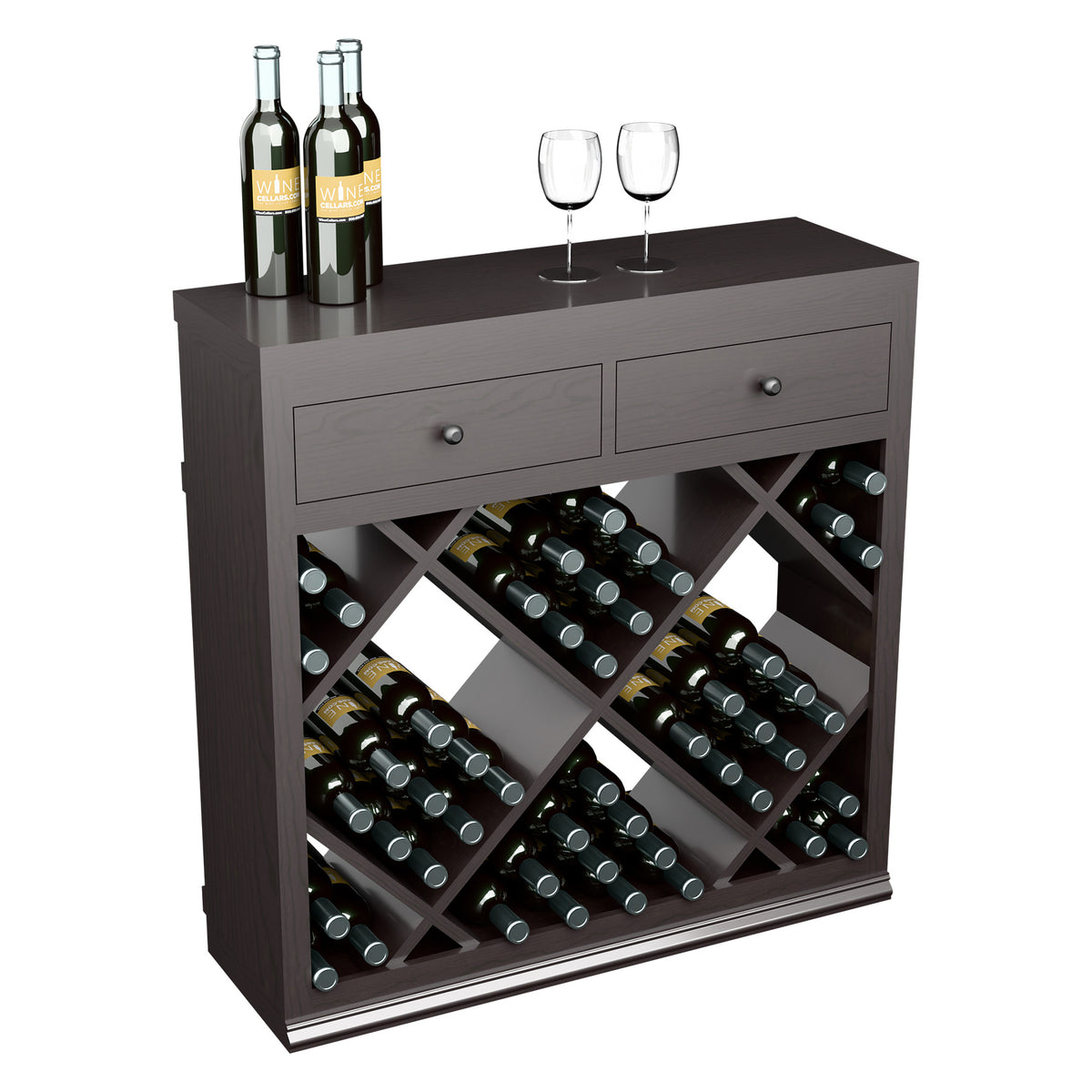 Dark gray wine cabinet with two drawers and crisscross bottle rack organizer