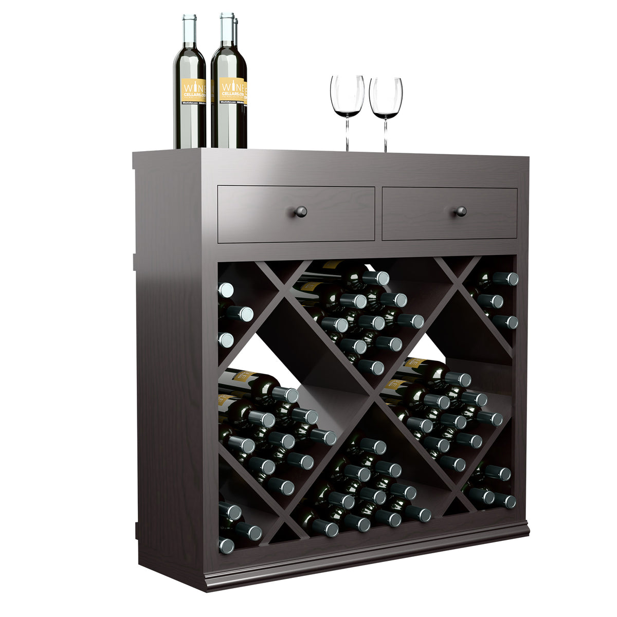 Dark gray wine cabinet front with two drawers and crisscross bottle storage