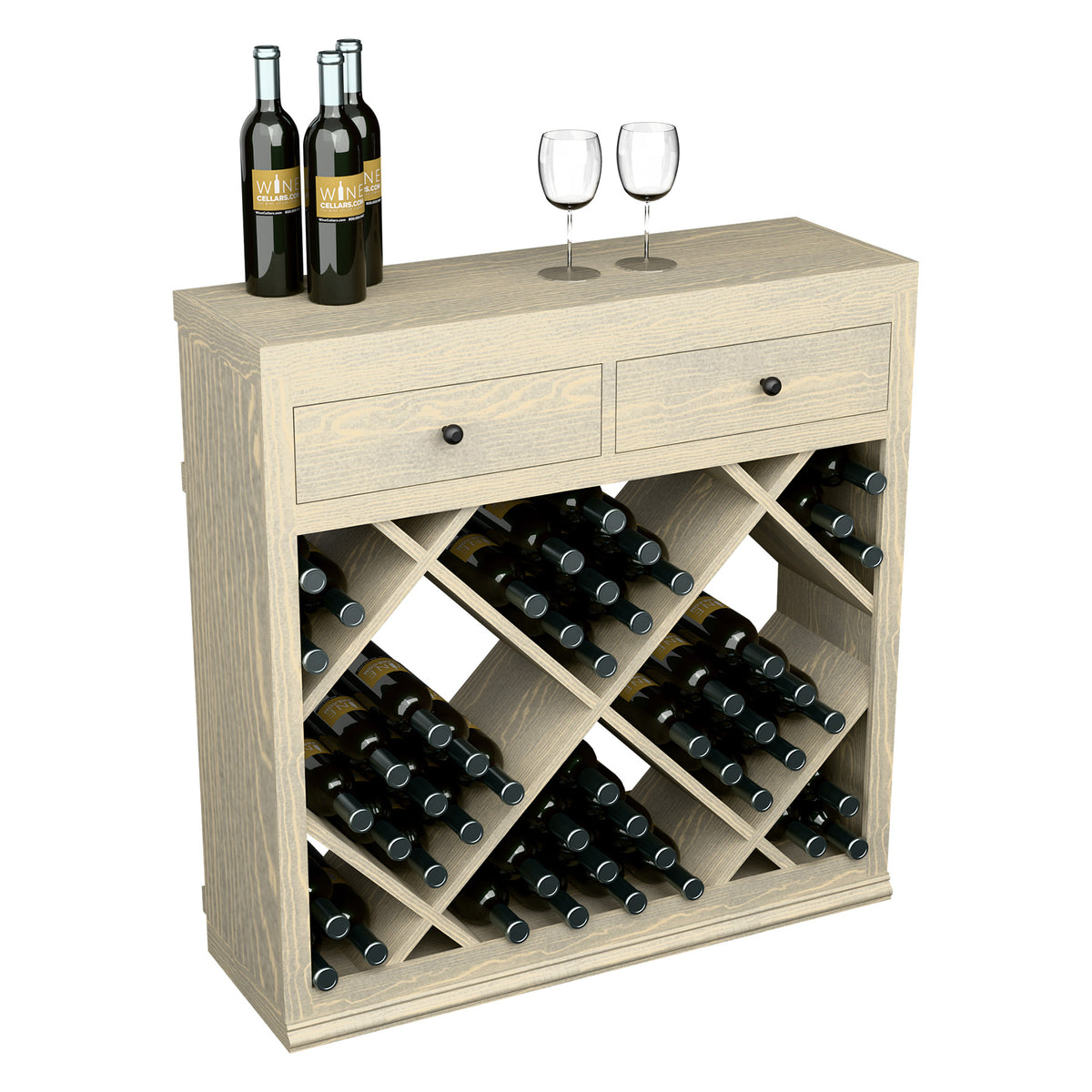 Half-height wine cabinet with drawers and diamond-pattern bottle storage, light wood.