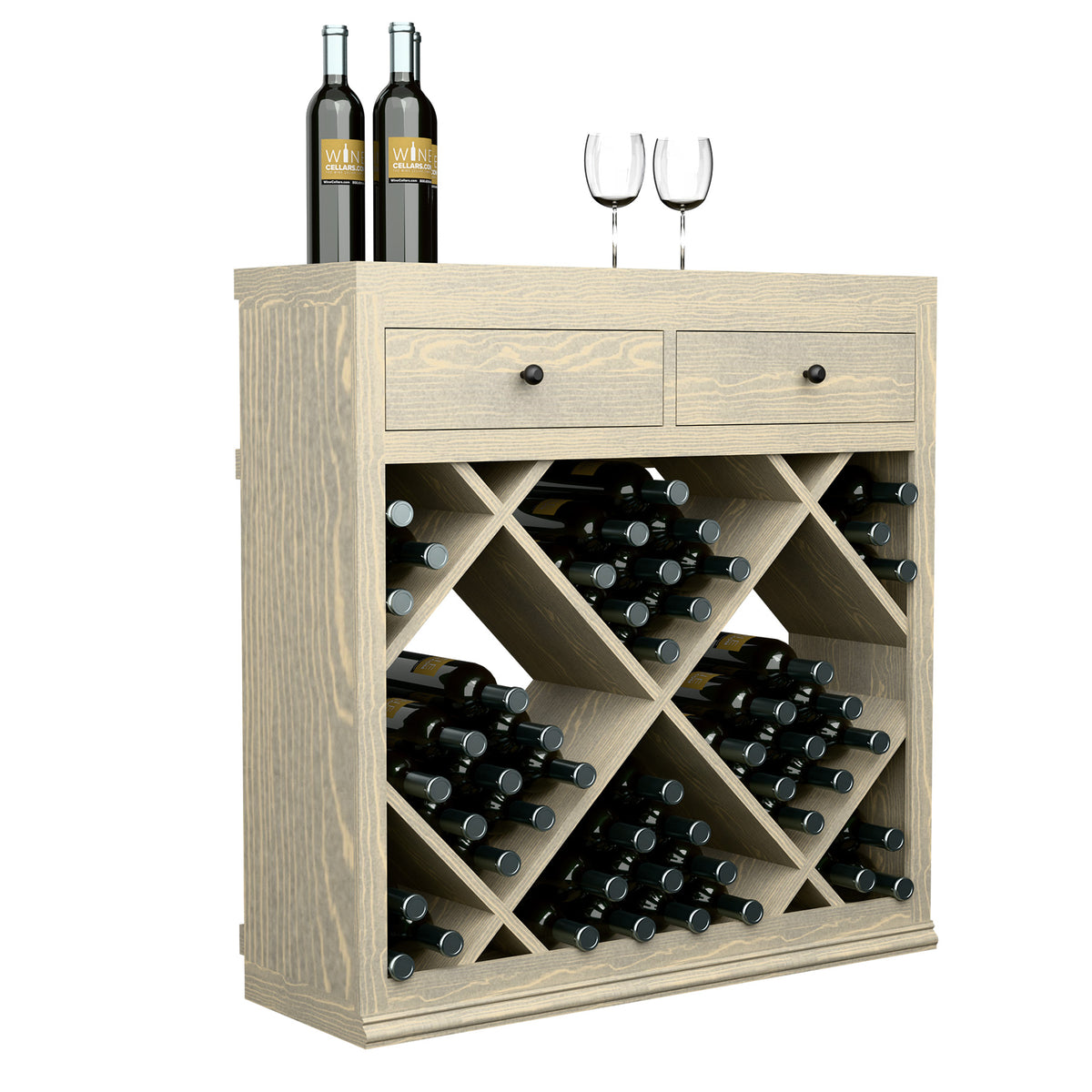 Half-height wine cabinet with two drawers and diamond bottle rack, light wood finish.