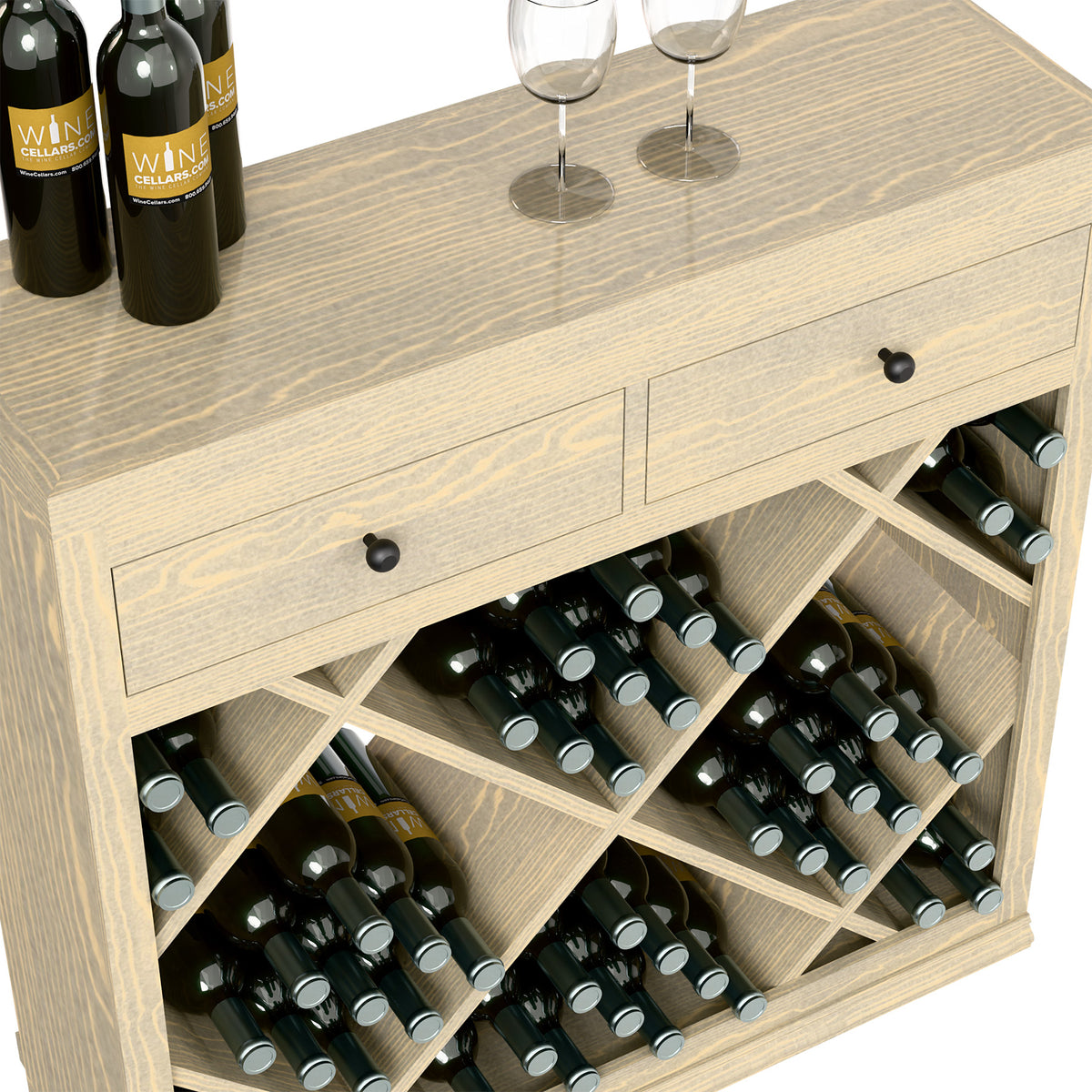Close-up of half-height wine cabinet drawers and diamond bottle storage compartments.