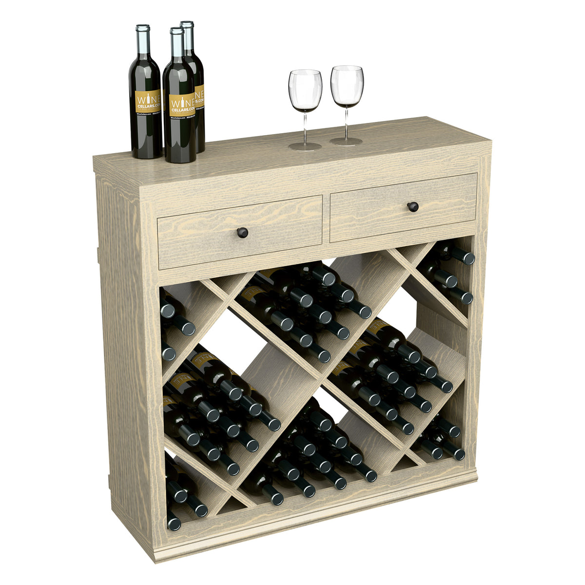 Half-height wine cabinet with drawers and diamond-pattern wine bottle slots, light wood.