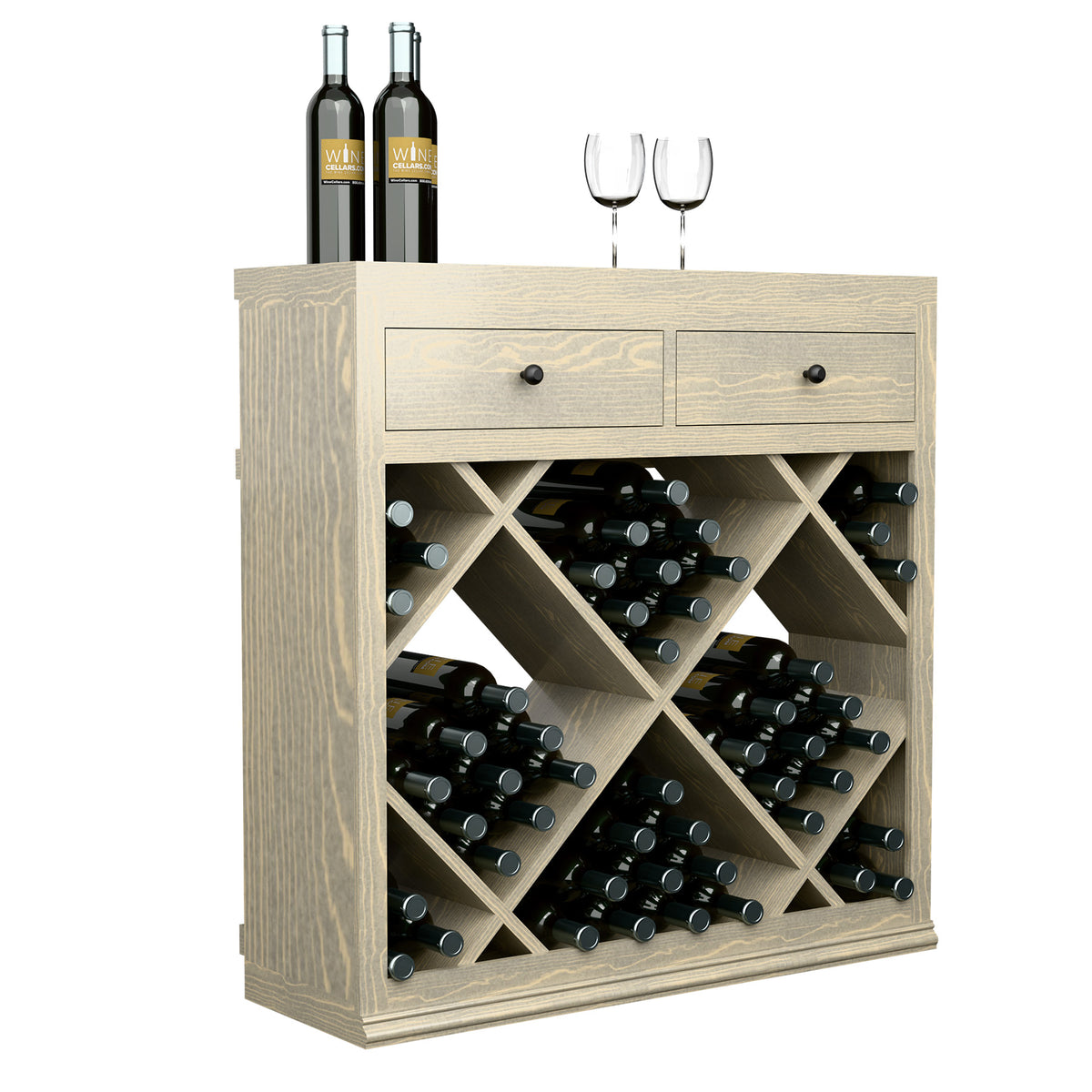 Half-height wine cabinet with two drawers and diagonal diamond wine bottle rack, light wood.