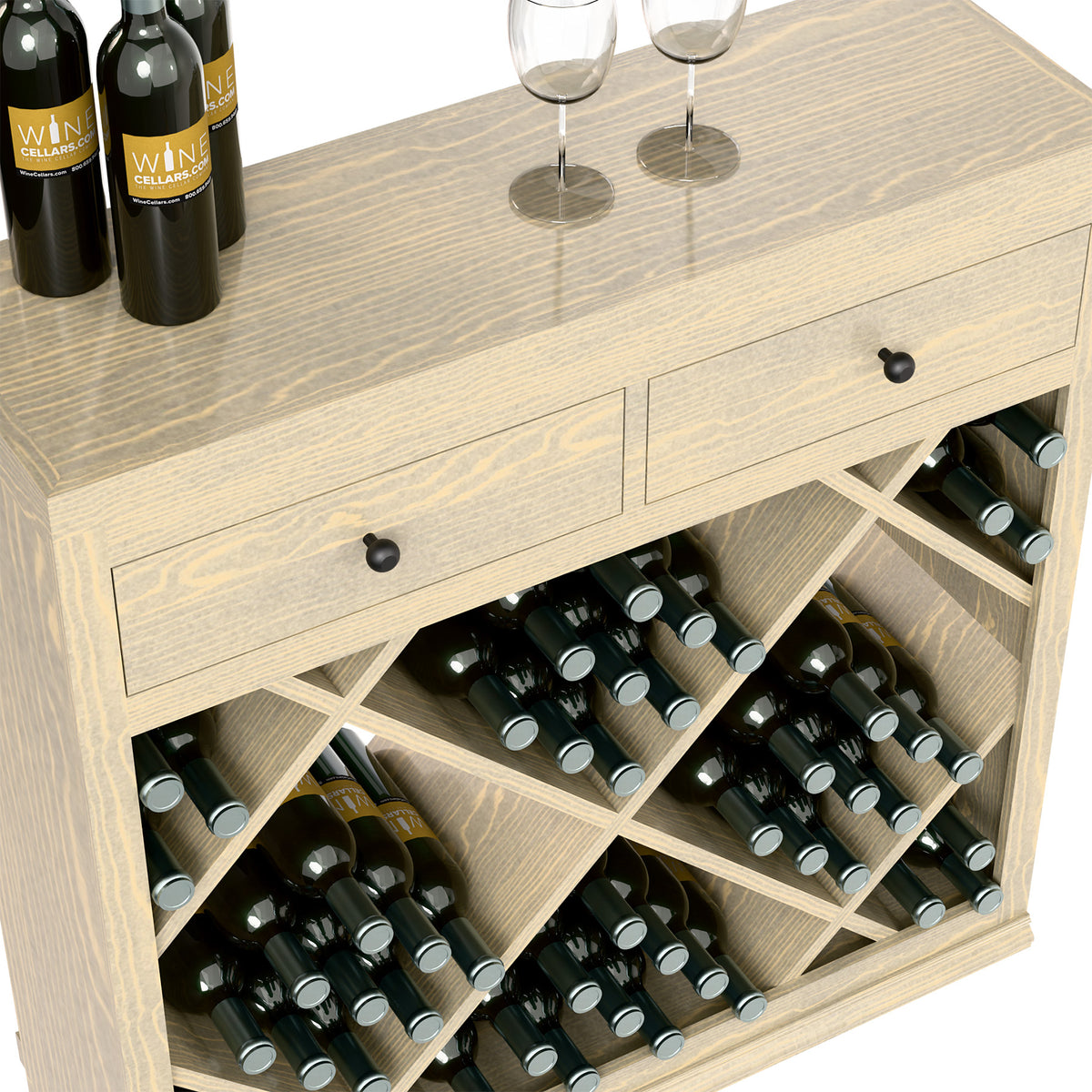 Close-up view of half-height wine cabinet front with drawers and diamond bottle storage.