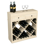 Half-height wine cabinet with drawers and diamond-pattern bottle storage, front view.