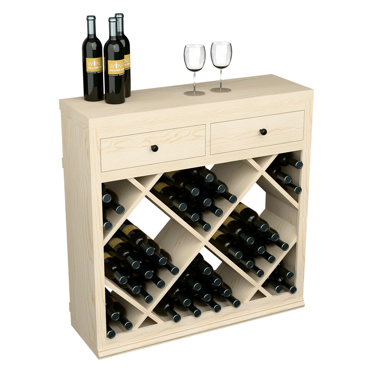Half-height wine cabinet with drawers and diamond-pattern bottle storage, front view.