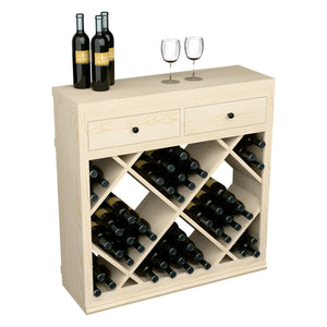 Half-height wine cabinet with drawers and diamond-pattern bottle storage, front view.