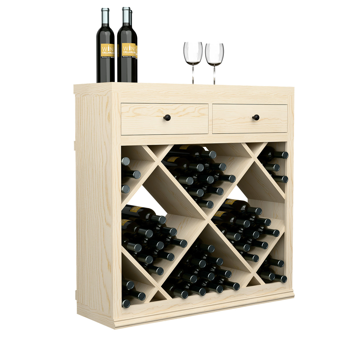 Half-height wine cabinet with two drawers and diamond bottle rack, light wood body.