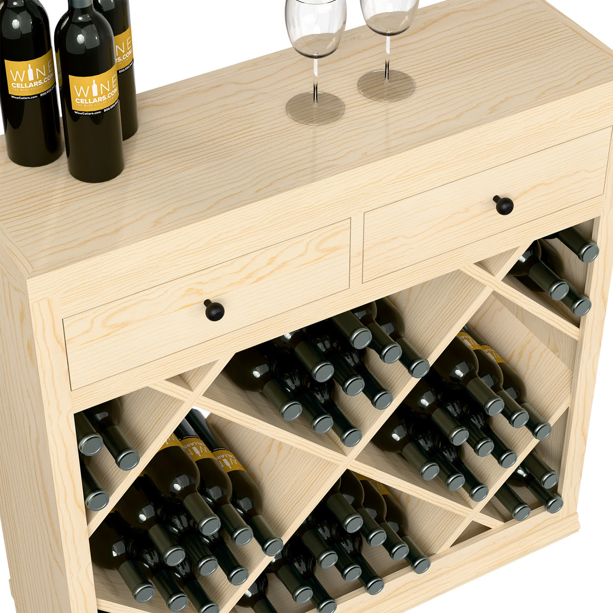 Close-up of half-height wine cabinet top drawers and diamond-pattern bottle cubbies.