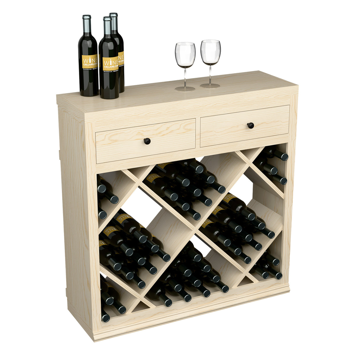 Half-height wine cabinet with drawers and diamond wine bottle storage, light wood finish.