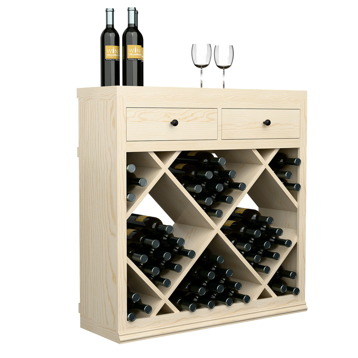 Light wood half-height wine cabinet with two drawers and diamond bottle storage