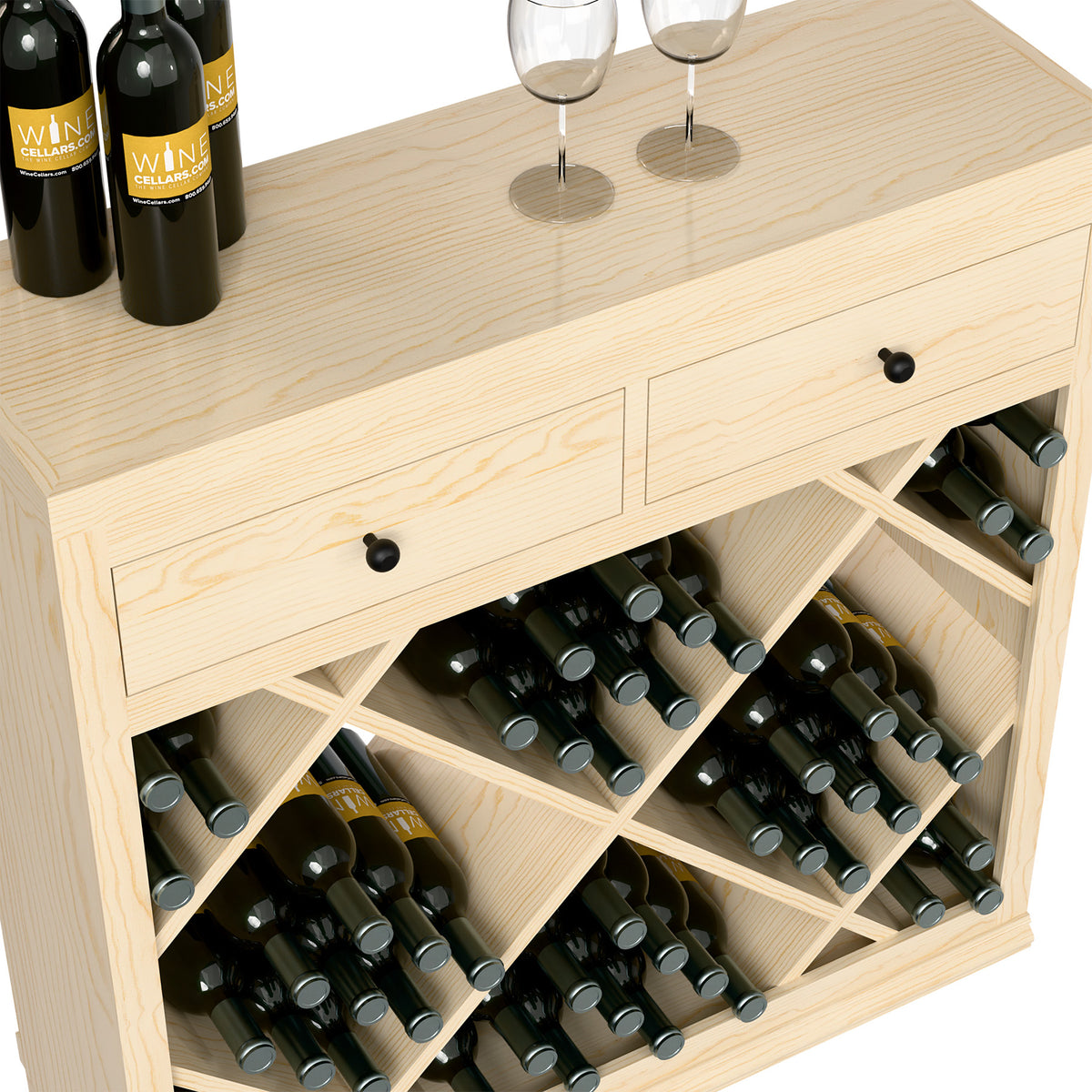 Close-up of light wood wine cabinet drawer front with diamond-pattern bottle cubbies
