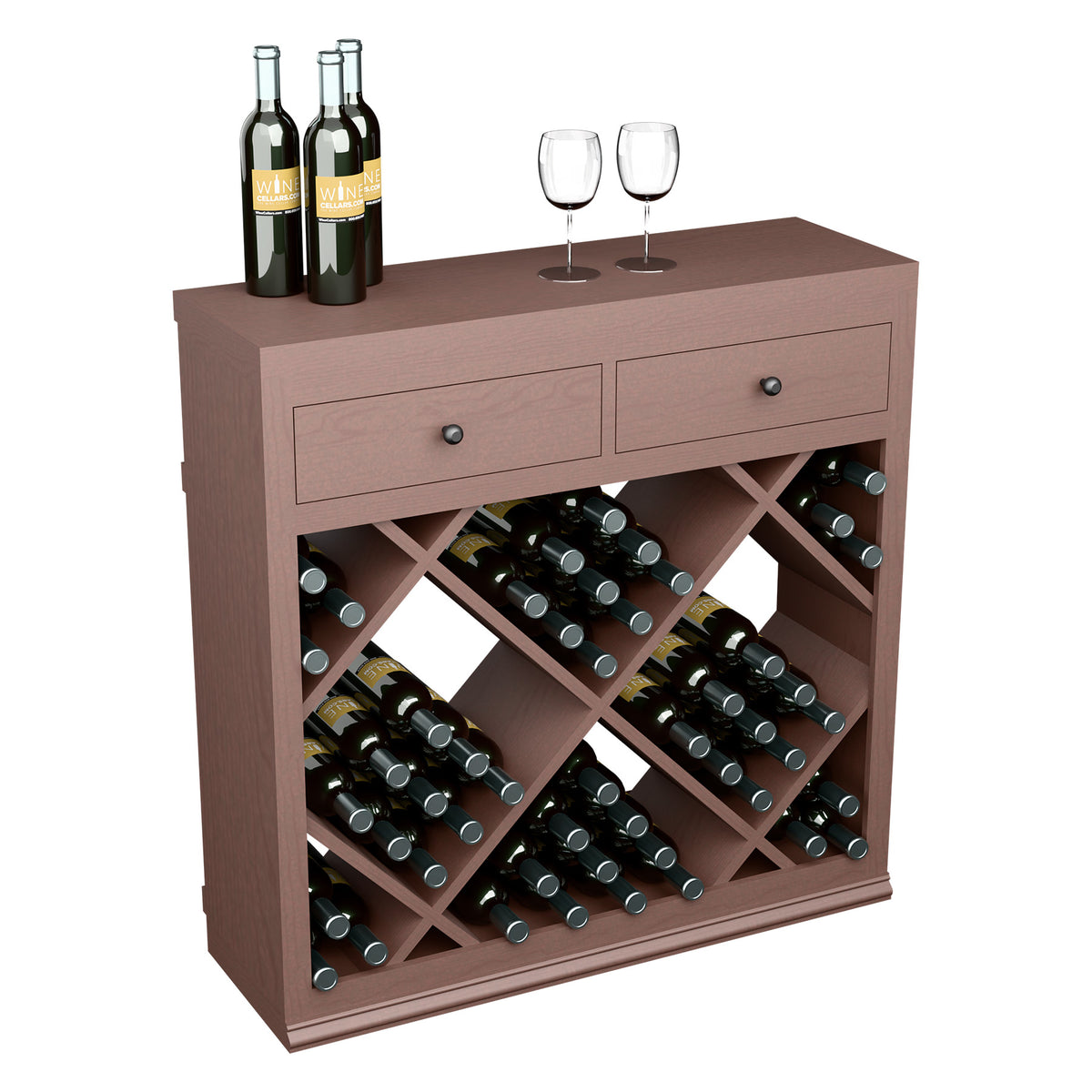 Dark wood half-height wine cabinet with two drawers and diamond bottle storage