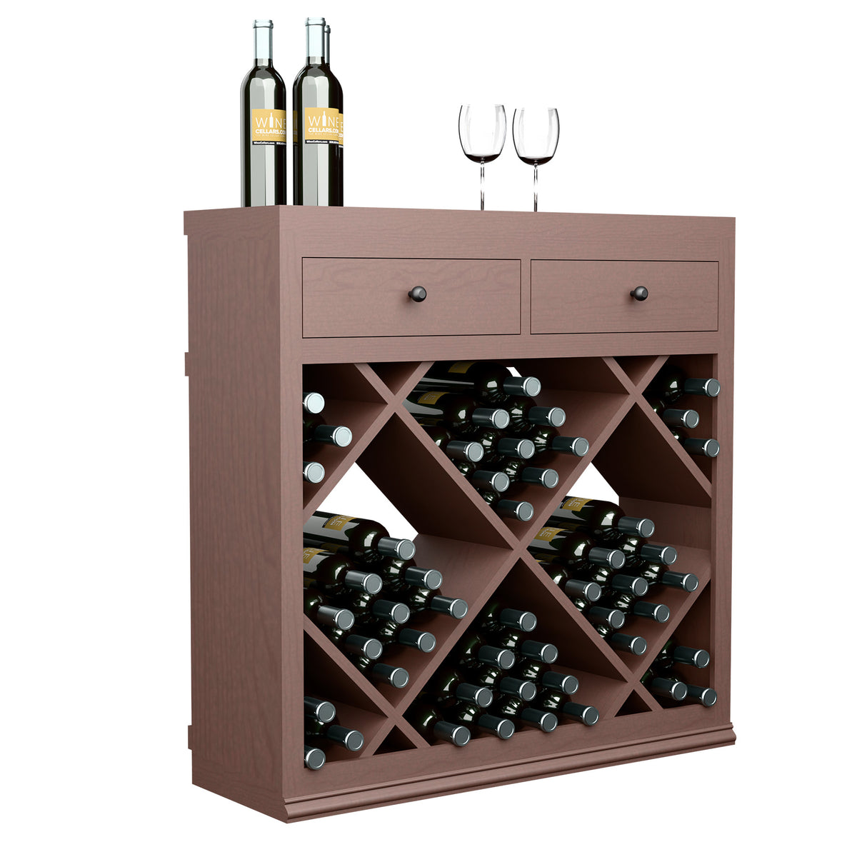 Dark wood half-height wine cabinet with two drawers and diamond-pattern bottle cubbies