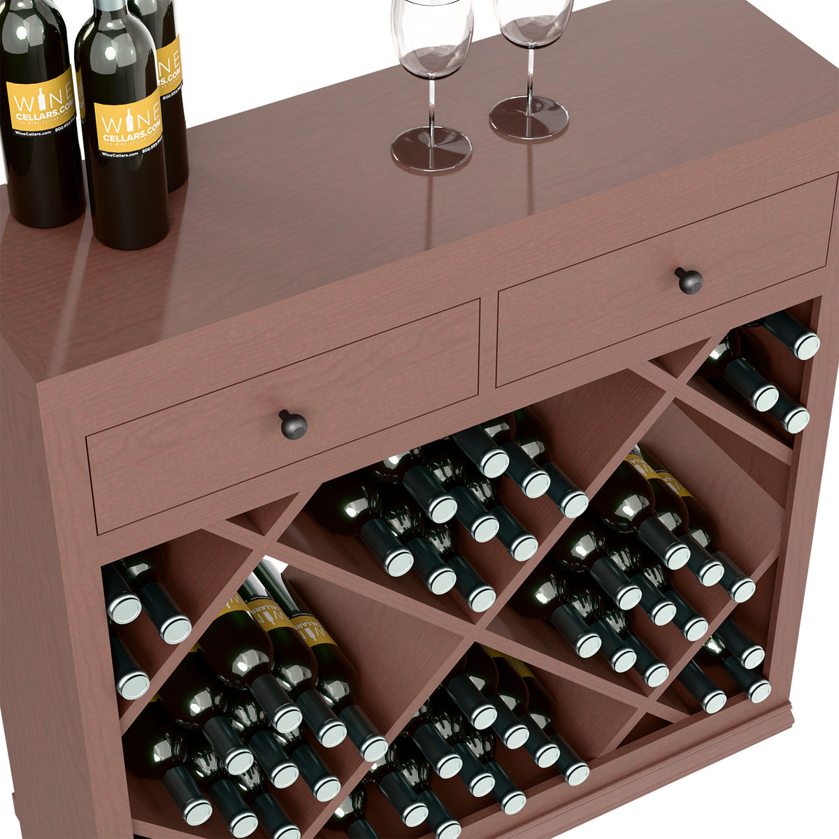 Close-up of dark wood wine cabinet drawer with diamond-pattern bottle storage