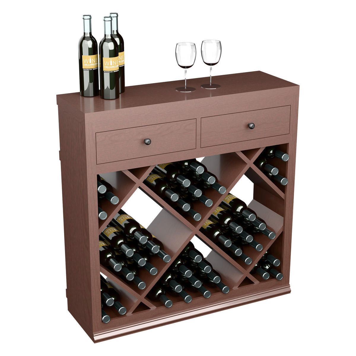 Dark wood half-height wine cabinet with two drawers and diamond lattice bottle rack