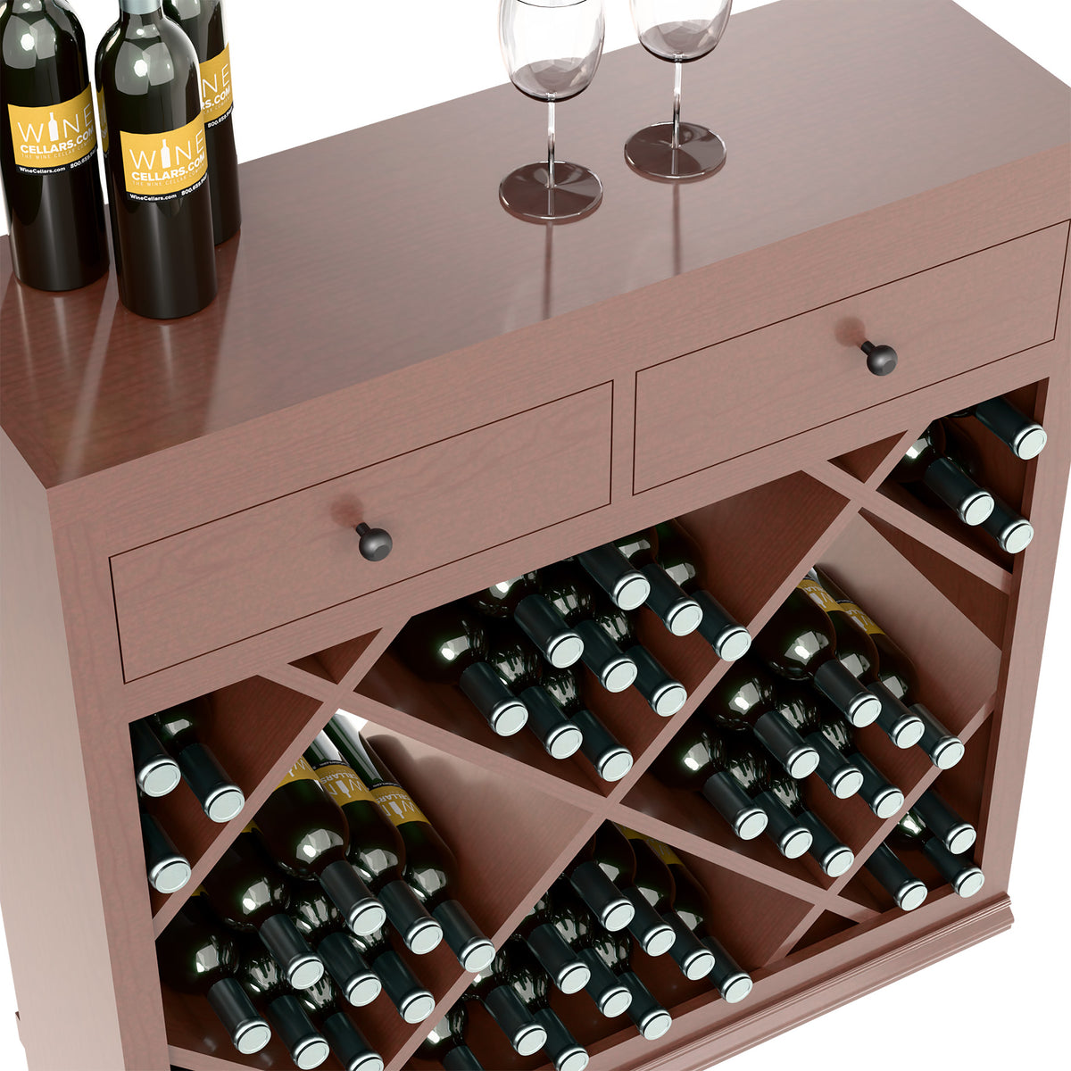 Close-up of rose-brown wine cabinet drawer with diamond-pattern bottle cubbies