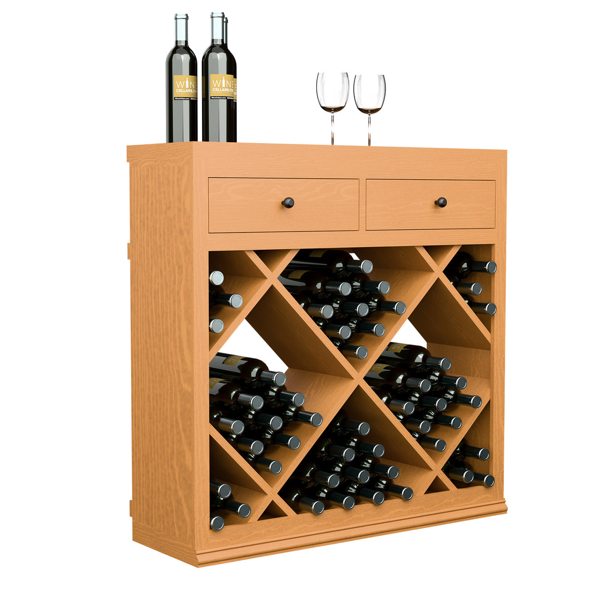 Light wood half-height wine cabinet with two drawers and diamond bottle storage