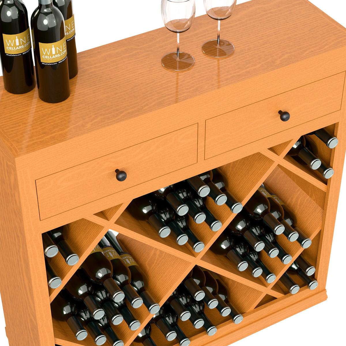 Natural wood half-height wine rack cabinet with two drawers and diamond bottle cradles