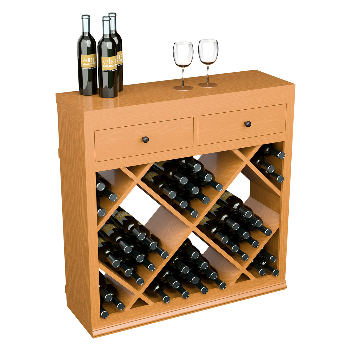 Natural wood wine rack cabinet with two drawers and open diamond-pattern bottle storage