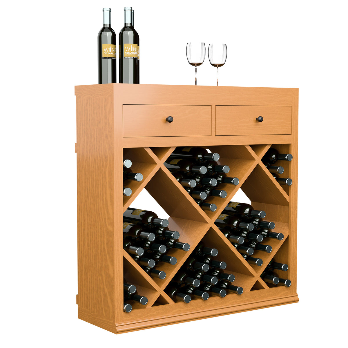 Natural wood half-height wine cabinet with two drawers and diamond bottle rack panels