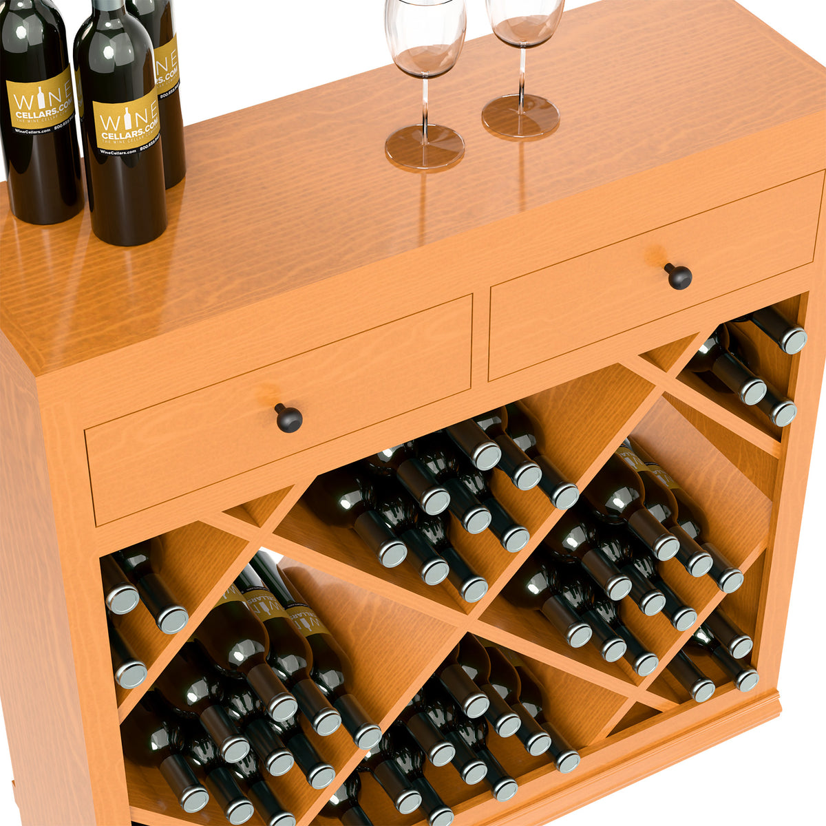 Natural wood wine rack drawer cabinet with black knobs and diamond bottle slots