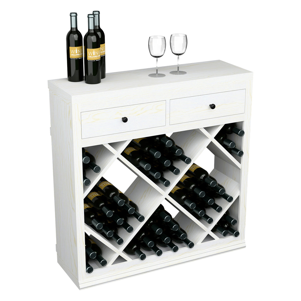 White half-height wine rack cabinet with two drawers and diamond-pattern bottle storage
