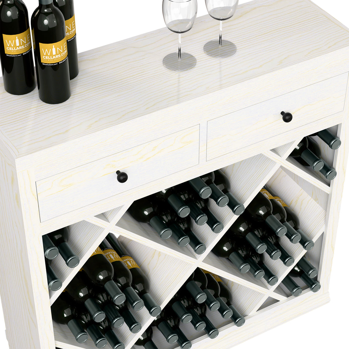 White wine rack cabinet with drawers and diamond bottle compartments on open shelves