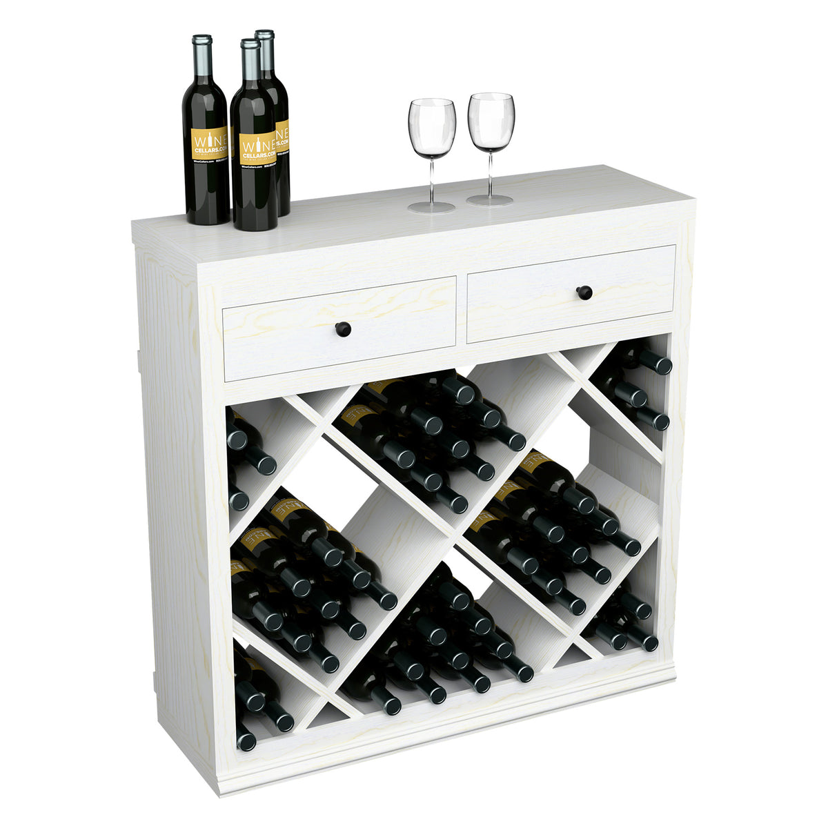White half-height wine rack cabinet with two drawers and diamond-pattern wine bottle storage