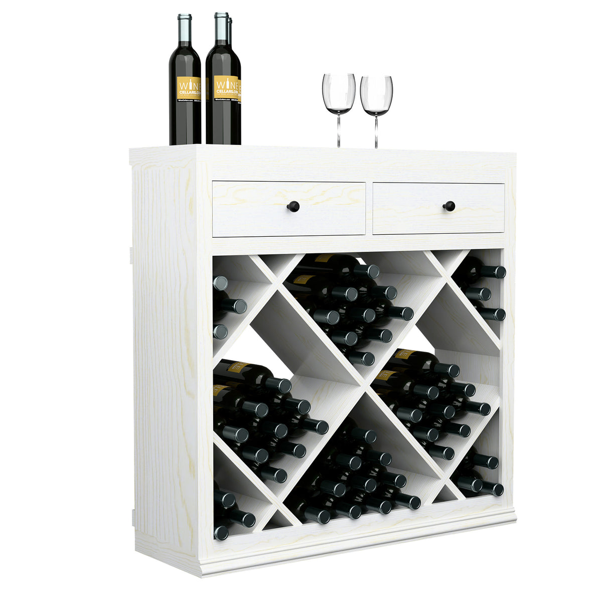 White wine cabinet with two drawers and diamond lattice bottle rack for bottles