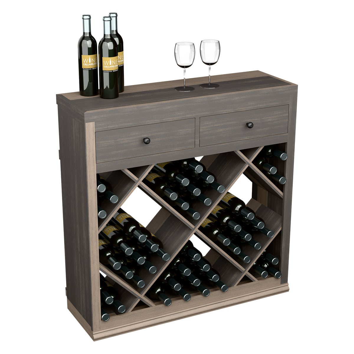 Half-height diamond wine cabinet with two drawers, open bottle storage, gray-stained wood