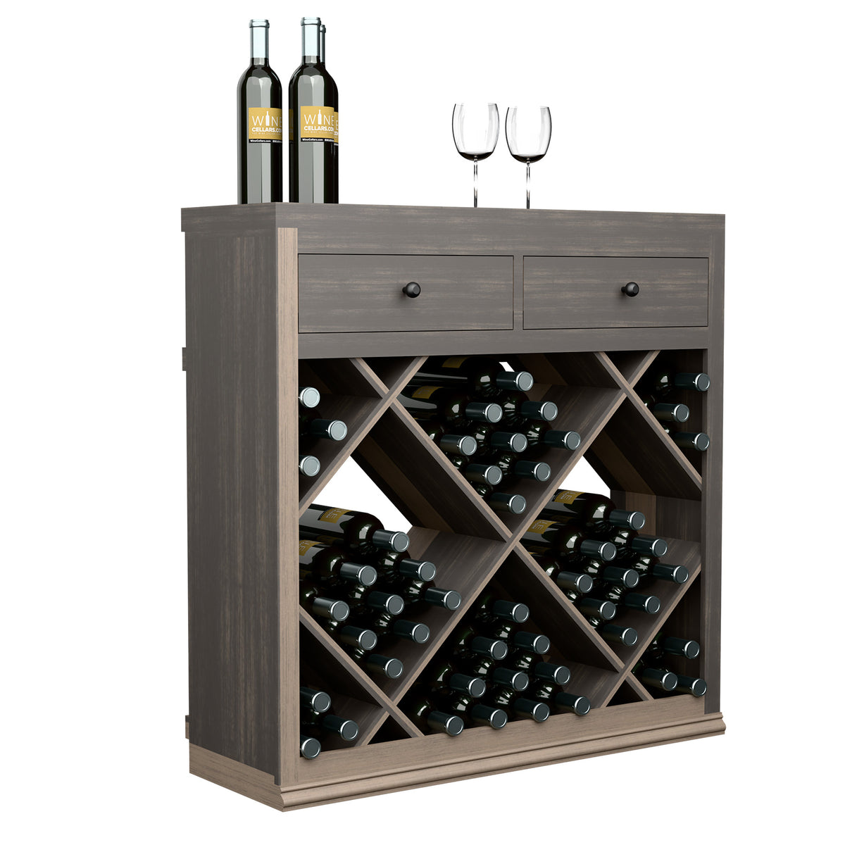 Half-height wine cabinet with 2 drawers and diamond-pattern bottle storage, medium brown wood.