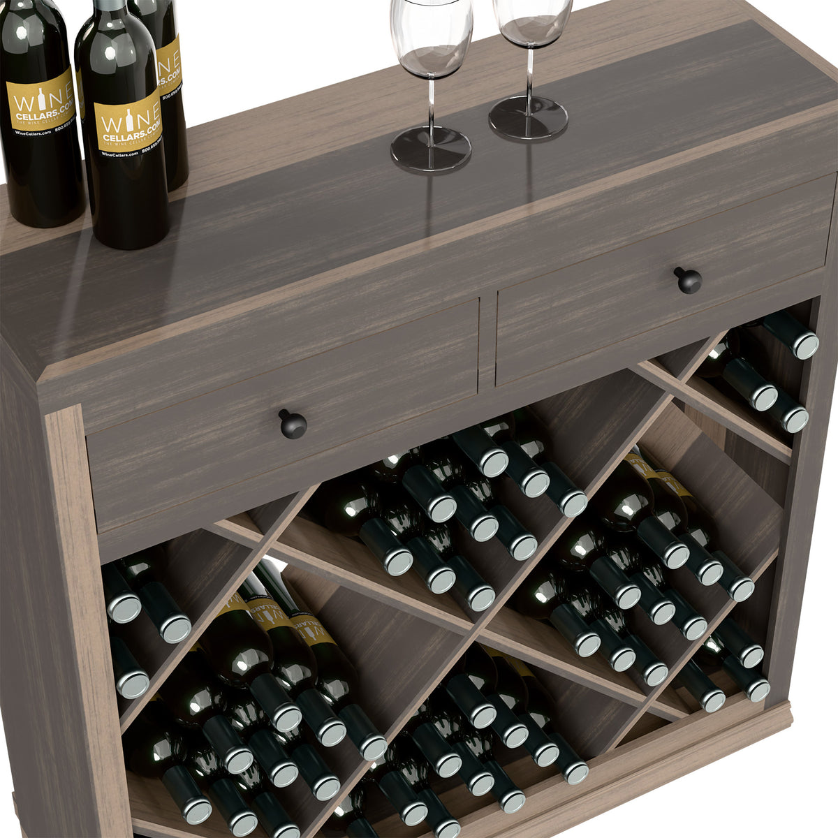 Grey-finished half-height wine bin with drawers and diagonal bottle dividers